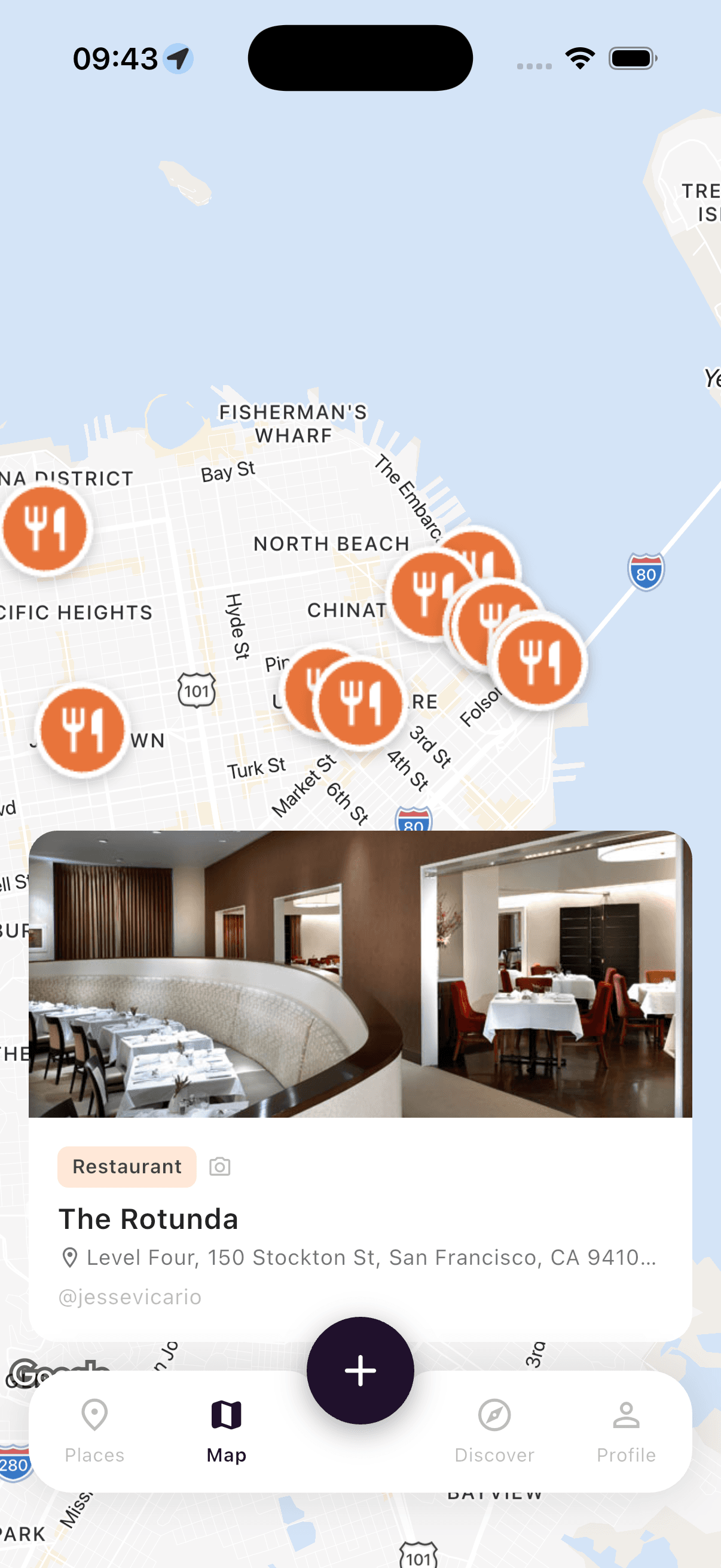 Saved places on a personal map with category-coded pins